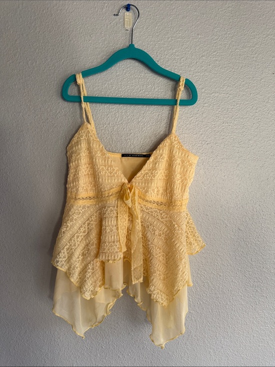h+h by heart Tops - Romantic Yellow Lace Handkerchief Camisole with Tie Front